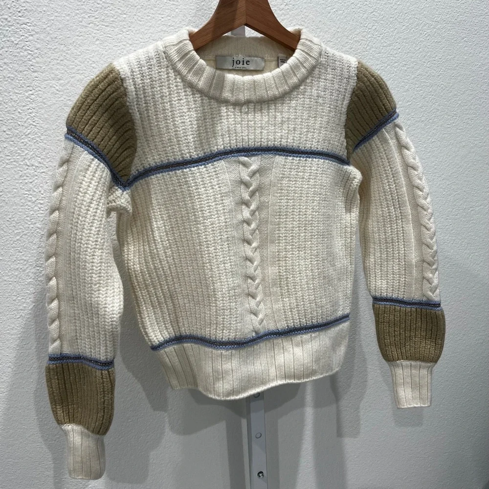 Joie Ivor‎ Colorblock Chunky Cable Knit Wool Sweater Womens XS Cream Old Money